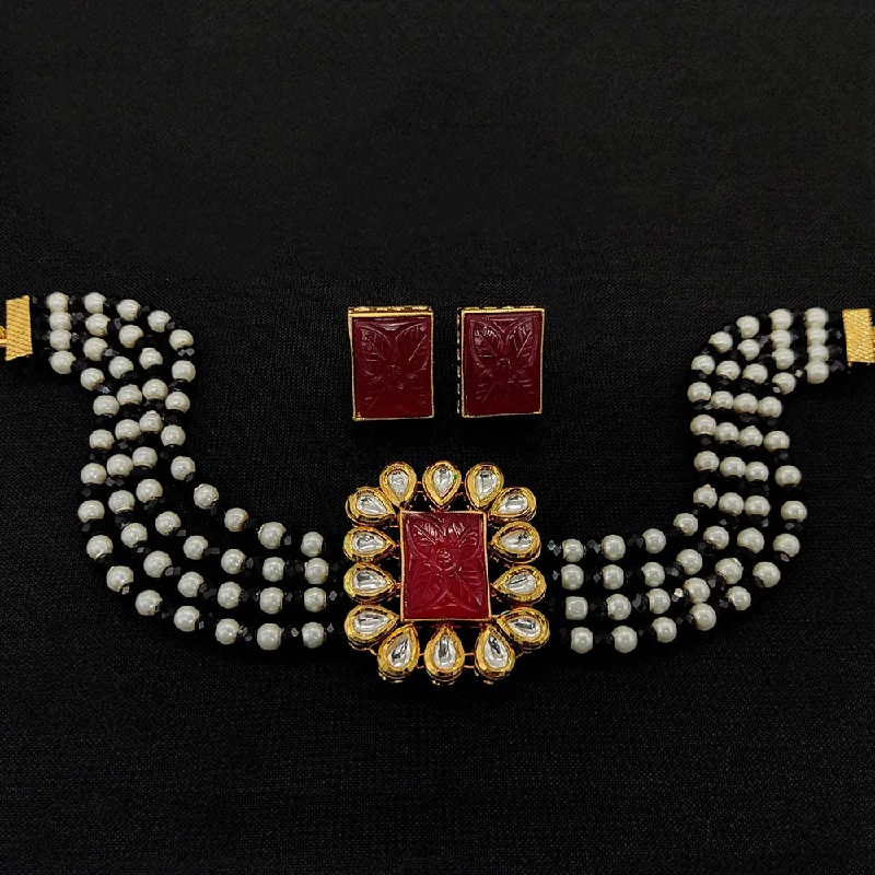 Gold Heart Necklace-Amoliya Jewels Gold Plated Kundan Stone And Pearls Choker Necklace Set