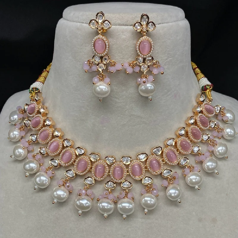 Gemstone Pendant Necklace-Royal Kundan Jewellery Gold Plated Polki Kundan Beads Necklace Set