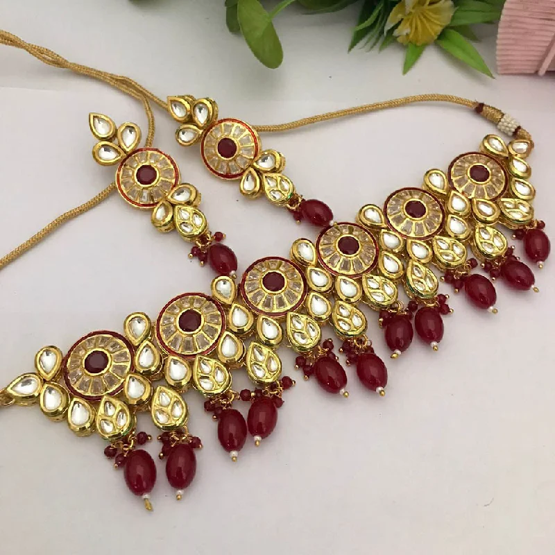 Designer Gold Necklace-FS Collection Gold Plated Kundan Stone And Pearls Choker Necklace Set