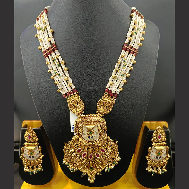 Silver Gemstone Necklace-Jain Jewellers Gold Plated Kundan Stone And Pearl Meenakari Long Necklace Set