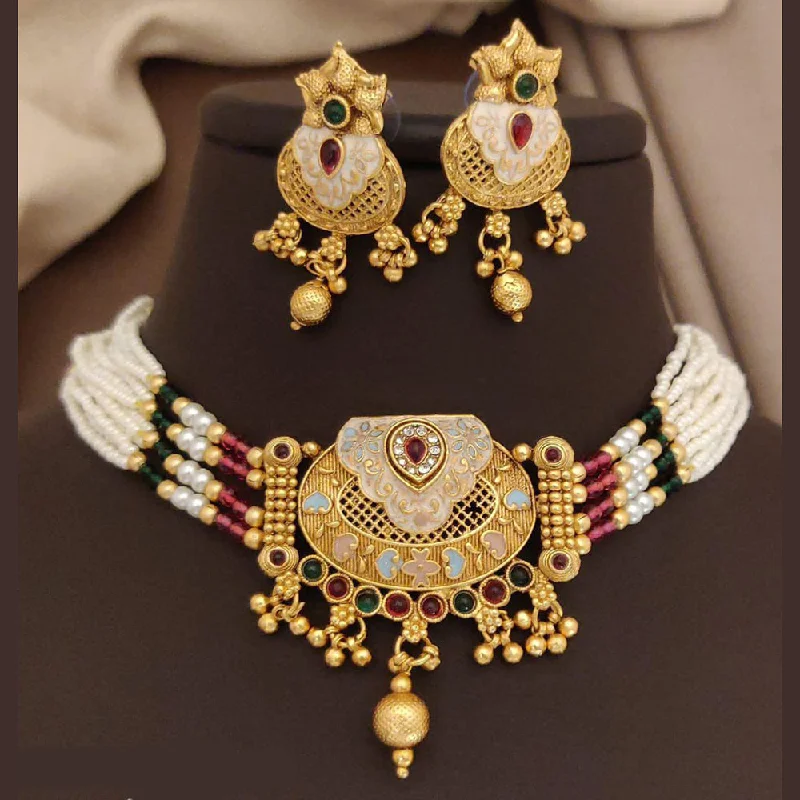 Artistic Necklace for Women-FS Collection Gold Plated Pota Stone And Meenakari Pearls Choker Necklace Set