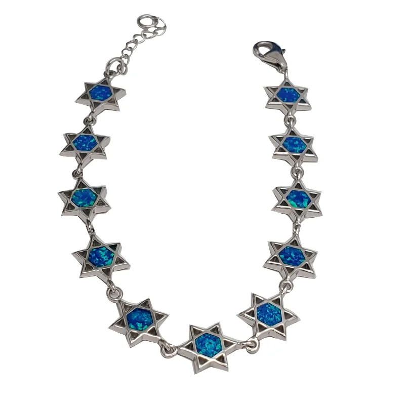 Sterling Silver Bracelets-Oval Blue Opal Star of David Bracelet (Silver)