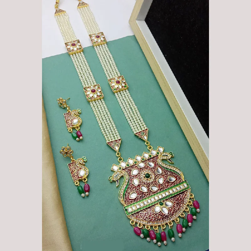 Luxury Diamond Pendant Necklace-SP Jewellery Gold Plated Kundan Stone And Pearl Long Necklace Set