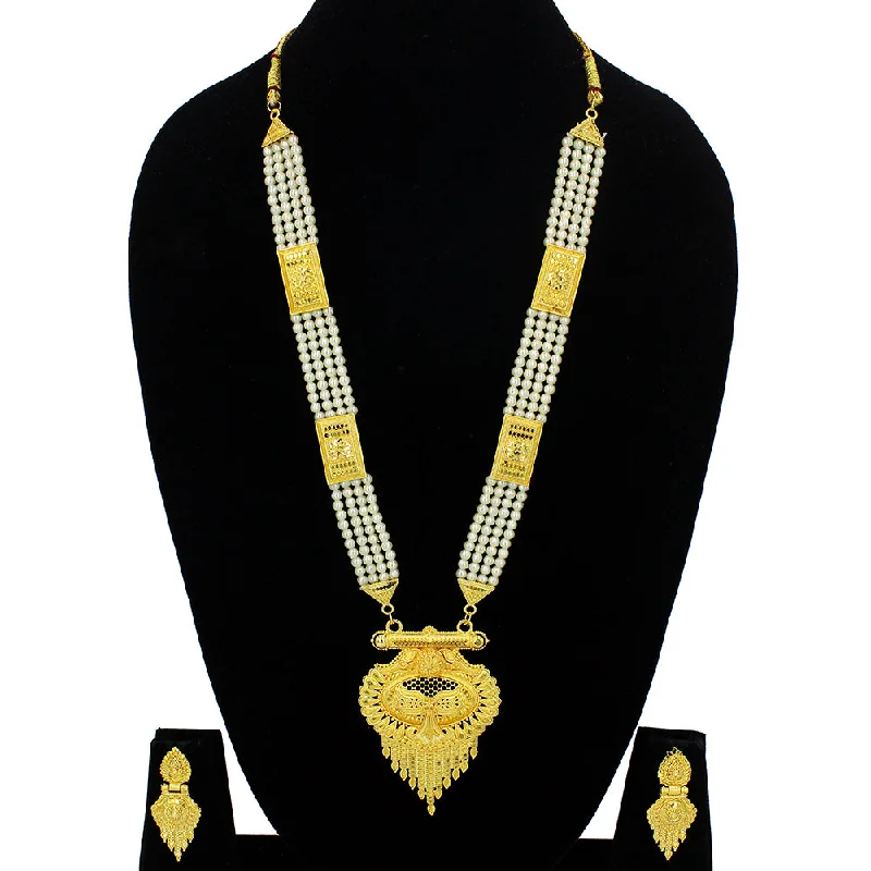 Diamond Solitaire Necklace-Mahavir Forming Look Gold Plated Long Necklace Set