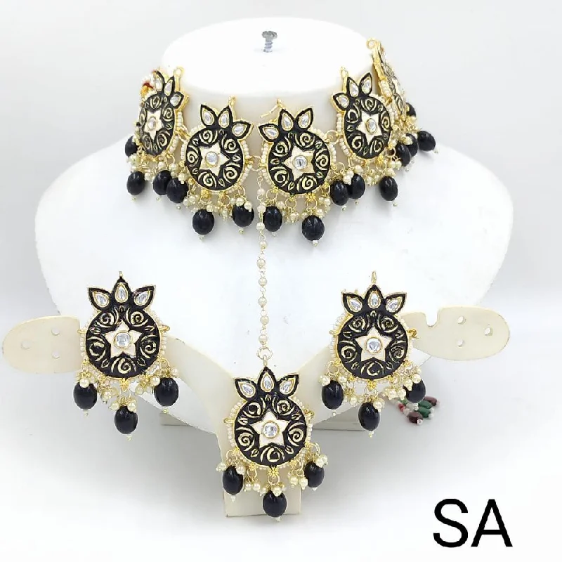 Elegant Diamond Necklace-SNERA Gold Plated Kundan Stone And Pearls Meenakari Choker Necklace Set