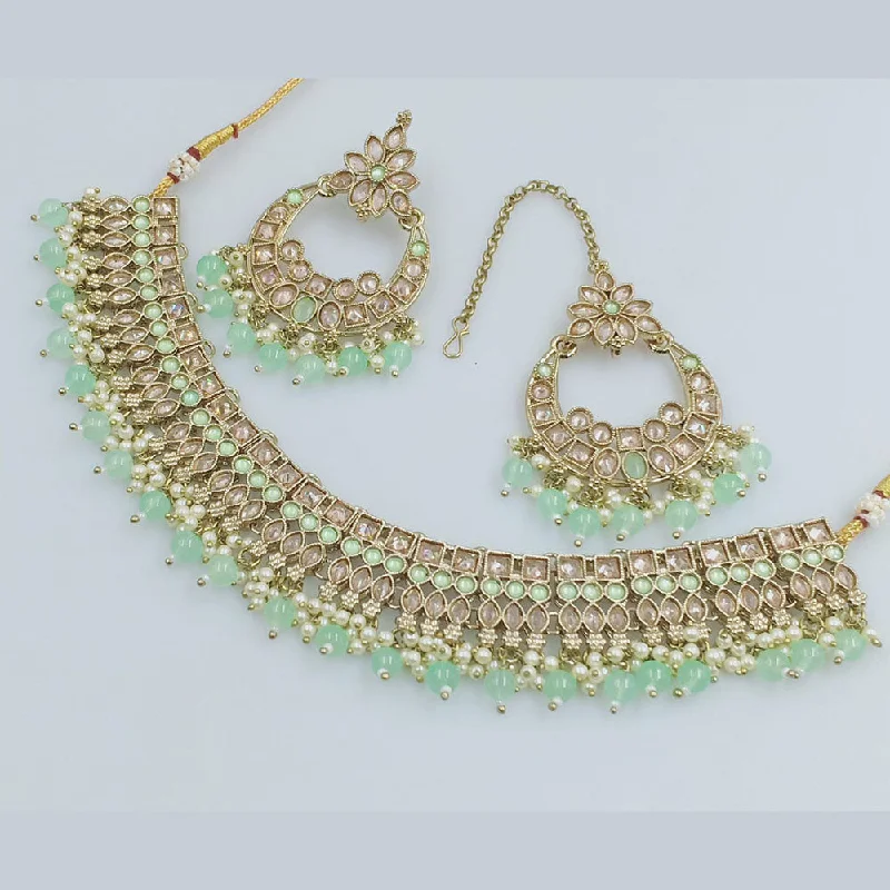 Crystal Pendant Necklace-Rajwadi Collection Gold Plated Crystal Stone And Beads Necklace Set