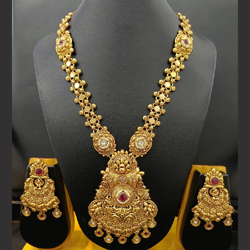 Colorful Gemstone Pendant Necklace-Jain Jewellers Gold Plated Kundan Stone And Pearl Long Necklace Set