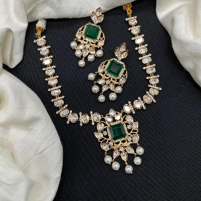 Delicate Gold Chain Necklace-Amoliya Jewels Gold Plated Polki Kundan Stone Necklace Set