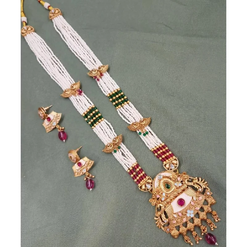 Colorful Glass Necklace-Akruti Collection Gold Plated Kundan Stone Meenakari Pearls Long Necklace Set