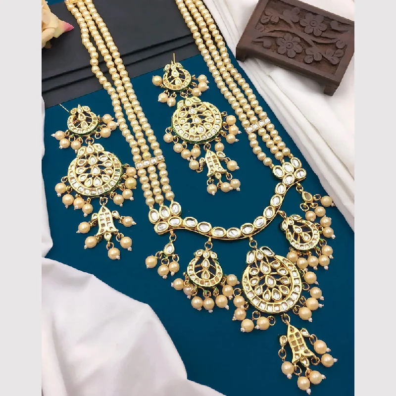 Unique Gemstone Necklace-5G Jewellery Gold Plated Kundan Stone And Beads Long Necklace Set