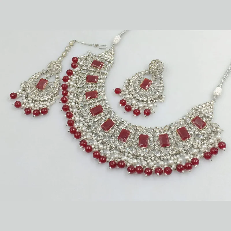 Simple Bar Necklace-Rajwadi Collection Silver Plated Crystal Stone And Beads Necklace Set