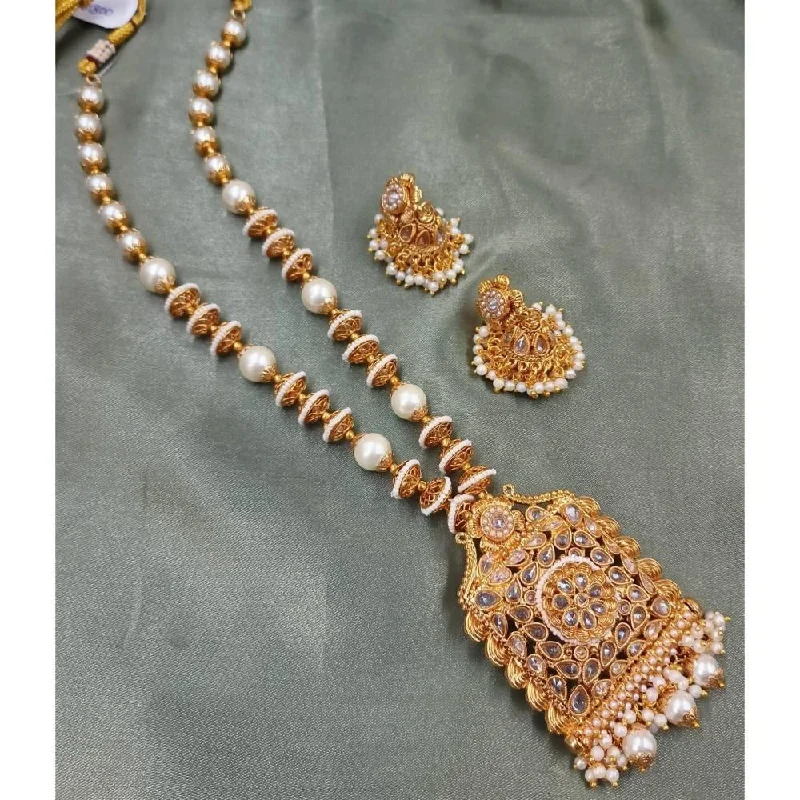 Gold Coin Necklace-Akruti Collection Gold Plated Crystal Stone Pearls Long Necklace Set