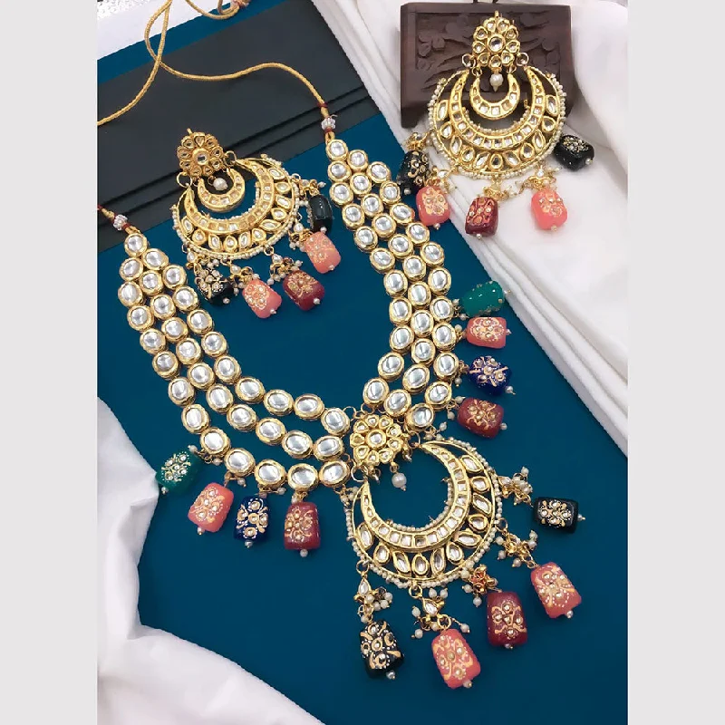 Chunky Chain Necklace-5G Jewellery Gold Plated Kundan Stone And Beads Long Necklace Set