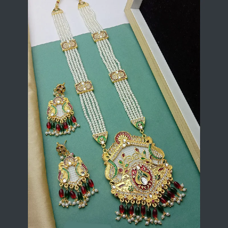 Simple Gemstone Necklace-SP Jewellery Gold Plated Kundan Stone And Pearl Long Necklace Set