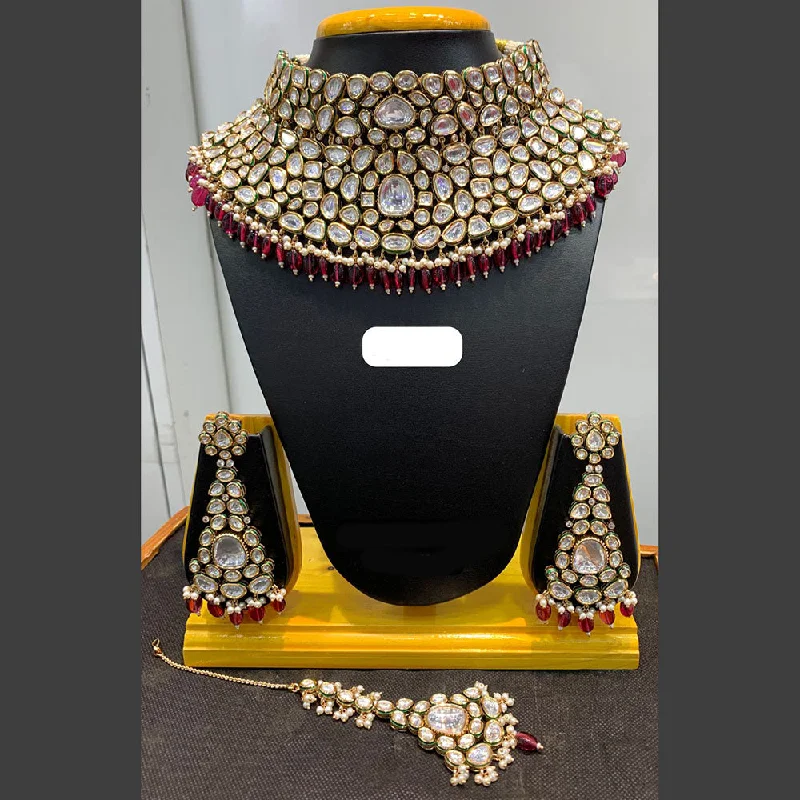 Custom Birthstone Jewelry Necklace-Jain Jewellers Gold Plated Polki Kundan Stone And Pearls Choker Necklace Set