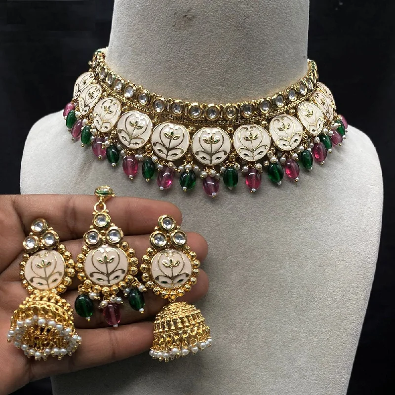 Wedding Bridal Necklace-Amoliya Jewels Gold Plated Kundan Stone And Pearls Meenakari Choker Necklace Set