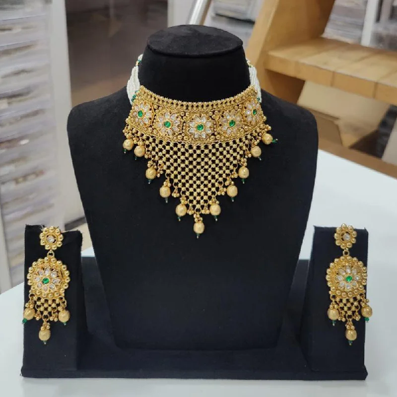 Elegant Gold Leaf Necklace-JCM Gold Plated Pota Stone And Pearls Choker Necklace Set