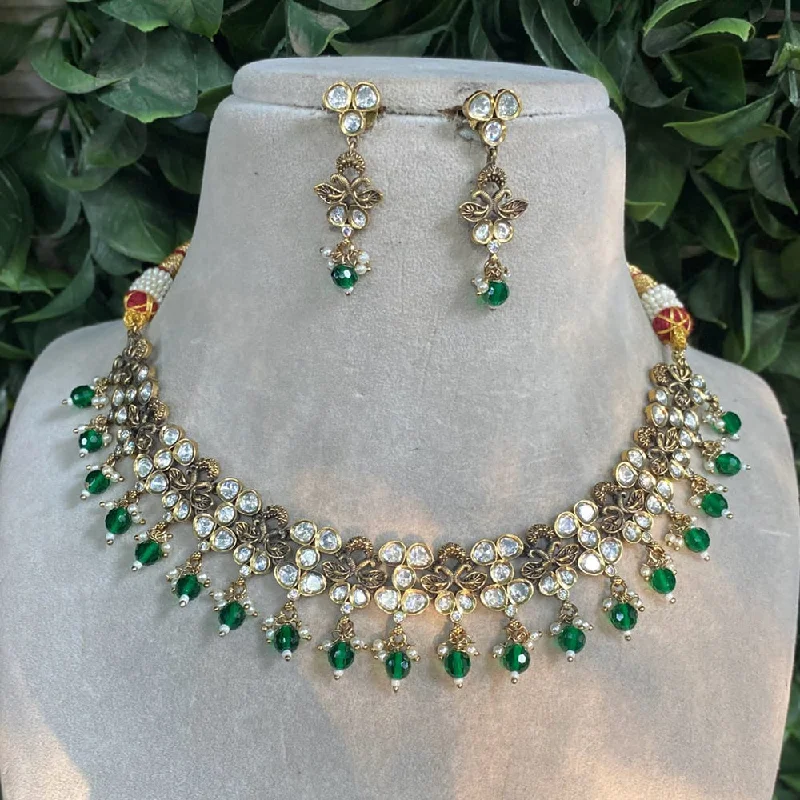 Elegant CZ Necklace-Amoliya Jewels Gold Plated Polki Kundan And Beads Necklace Set