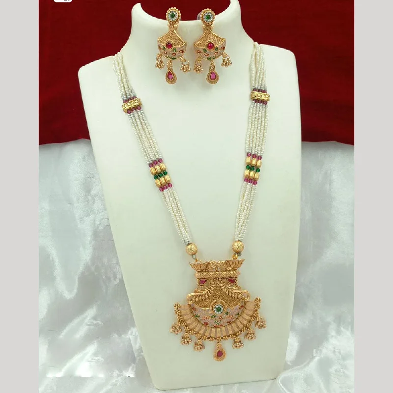 Gold Choker Necklace for Women-FS Collection Gold Plated Meenakari And Pearls Long Necklace Set