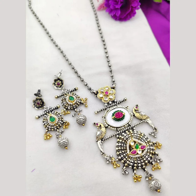 Artistic Crystal Necklace-Fancyla 2 Tone Plated Kundan Stone And Pearls Long Necklace Set