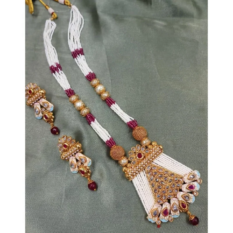 Unique Designer Necklace-Akruti Collection Gold Plated Crystal Stone Pearls Long Necklace Set