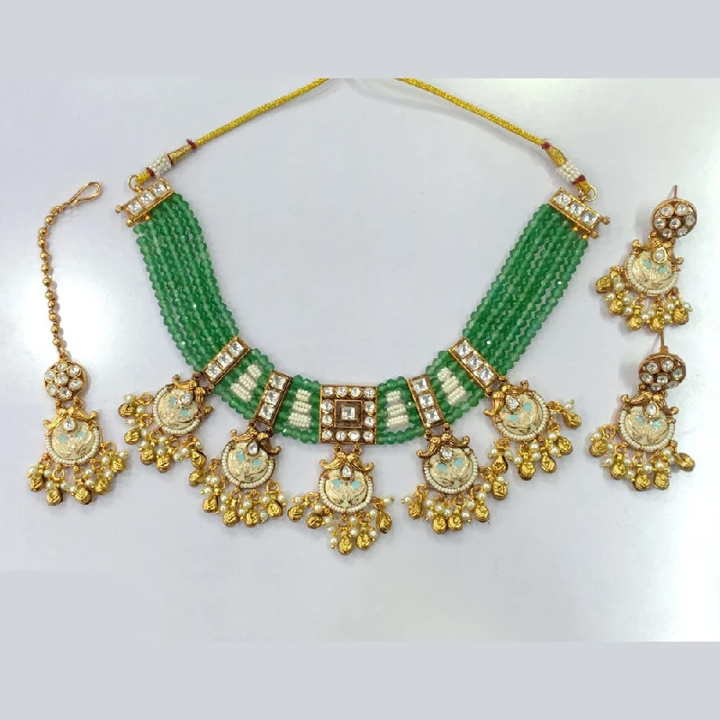 Luxury Diamond Necklace-JCM Gold Plated Crystal Stone And Pearls Meenakari Necklace Set