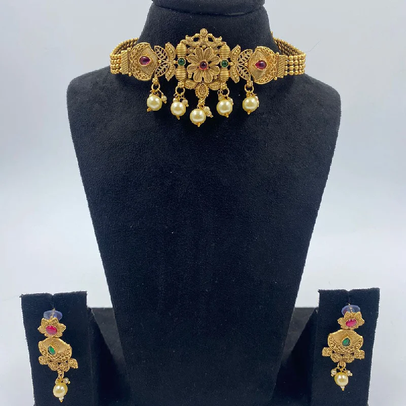 Colorful Necklace with Gemstones-The Fashion Jewels Gold Plated Pota Stone And Pearl Choker Necklace Set