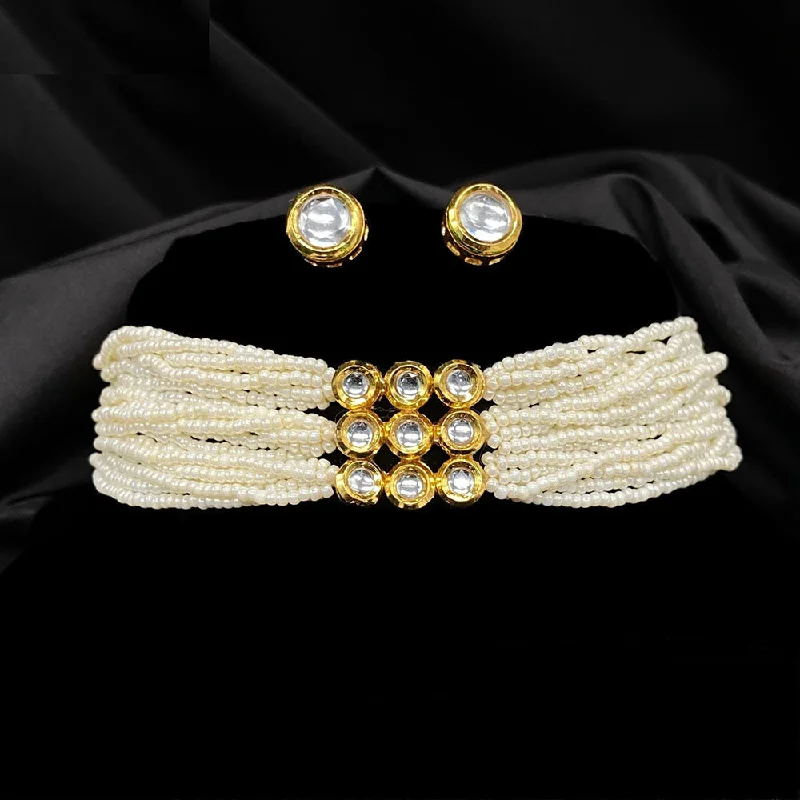 Minimalist Silver Necklace-Amoliya Jewels Gold Plated Kundan Stone And Pearls Choker Necklace Set