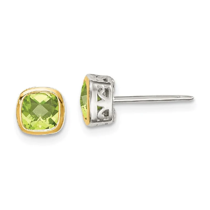 Vintage Inspired Earrings-Sterling Silver w/ 14K Accent Peridot Square Stud Earrings